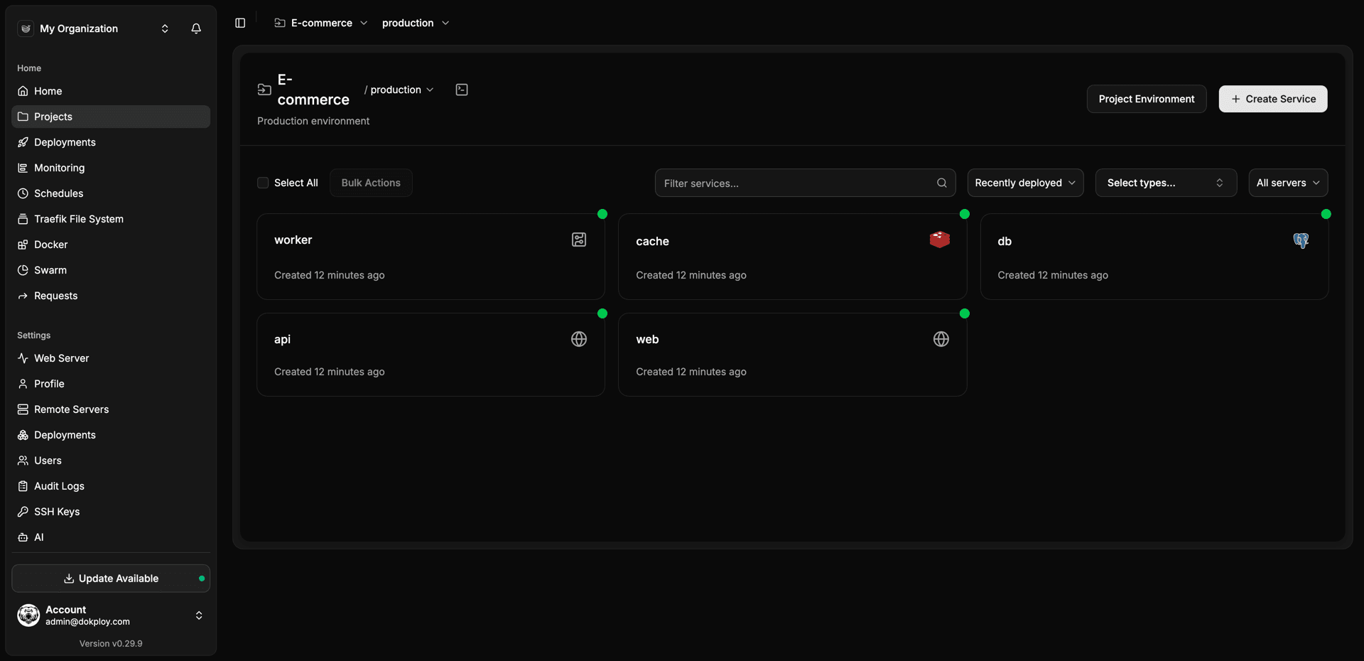 Nomploy dashboard showing projects and deployed services