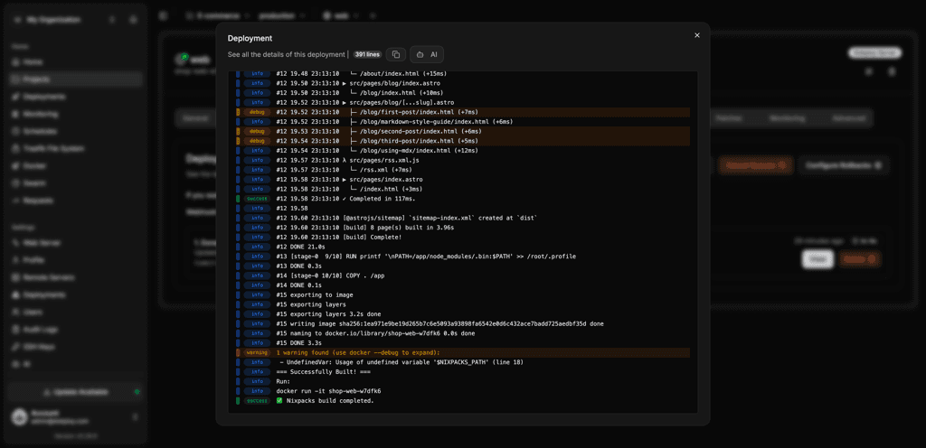 Nomploy deployment panel showing build and deployment logs