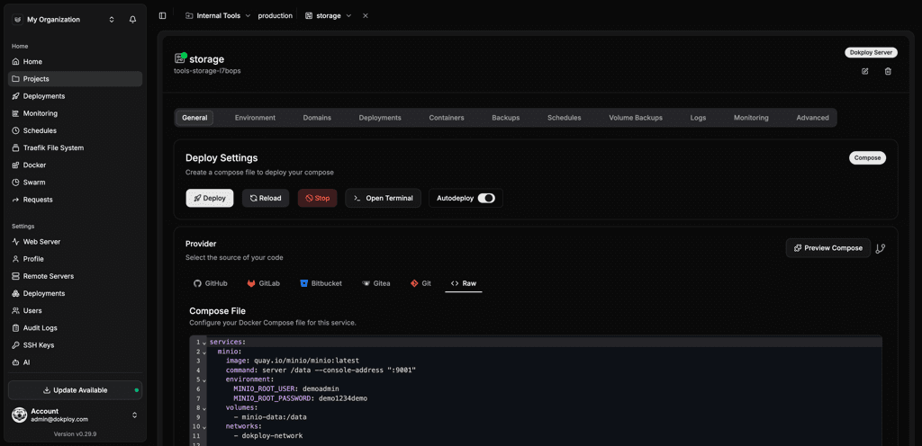 Nomploy Docker Compose editor with multi-service configuration