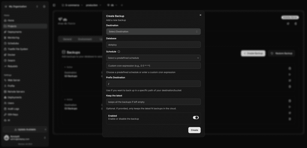 Nomploy Create Backup modal for database and volume backups