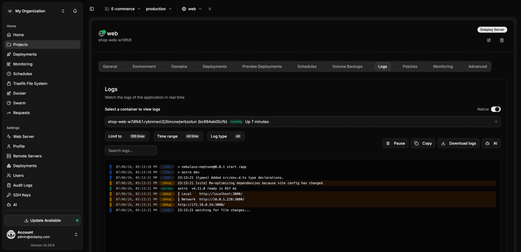 Nomploy application logs streaming from long-running services
