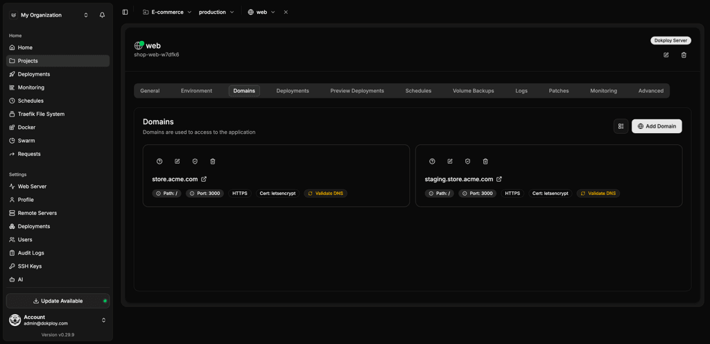 Nomploy domains configuration with automatic HTTPS certificates