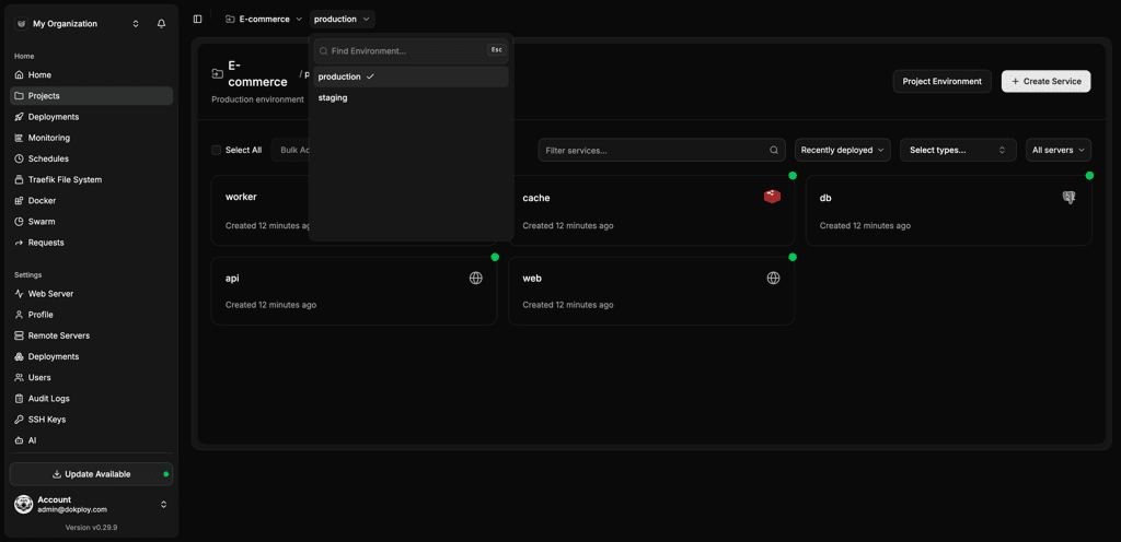Nomploy dashboard showing an agency project with web, API, database and worker services, and an environment selector with production and staging