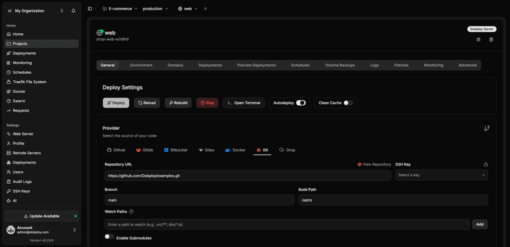 Nomploy deploy settings with GitHub, GitLab, Bitbucket and other providers