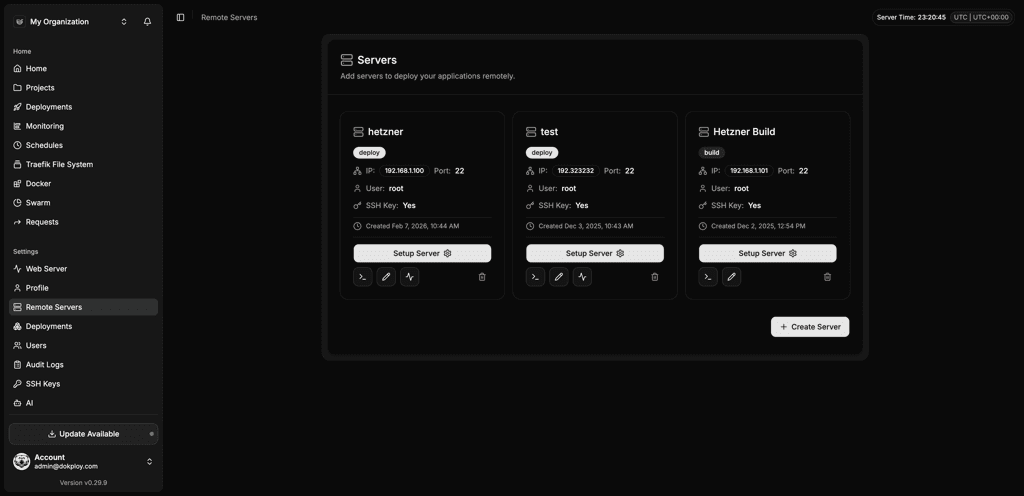 Nomploy remote servers showing connected VPS infrastructure